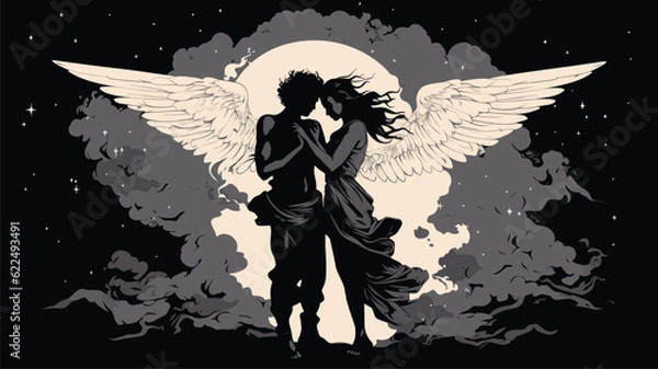 Fototapeta Illustration of Black and white angels embrace in an impulse of passion against the star sky