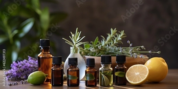 Fototapeta Selection of essential oils, with herbs and flowers in the background