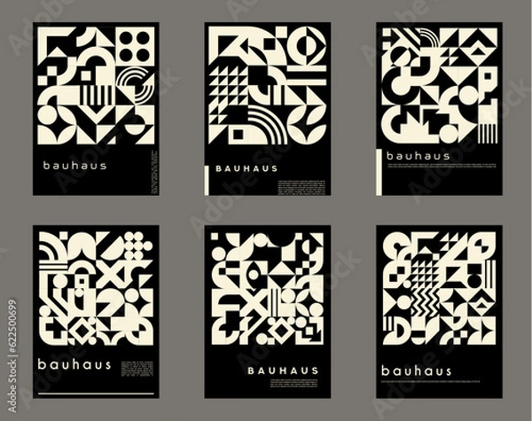 Fototapeta Monochrome abstract geometric posters with bauhaus pattern. Minimal graphic shapes vector background with black and white collage of circles, squares and triangles, dots and zigzag geometric elements