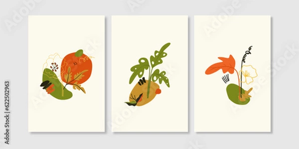 Fototapeta Set of three pieces Flower and plant wall art. Hand drawn boho poster collection. Colorful aesthetic wall decoration for home. Good for wall decoration, wallpaper, background and art deco.