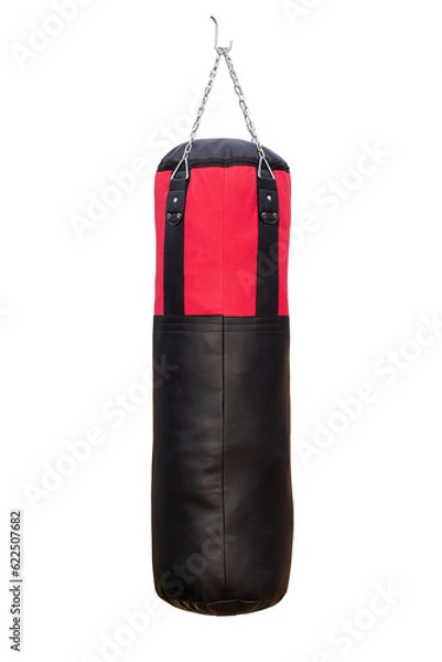 Fototapeta Black and red Punching bag or sandbag hanging for boxing isolated on white background included clipping path.
