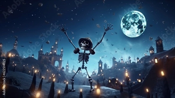 Fototapeta Happy Skeleton Celebrating Halloween Party on Spooky Night Background. Generative AI