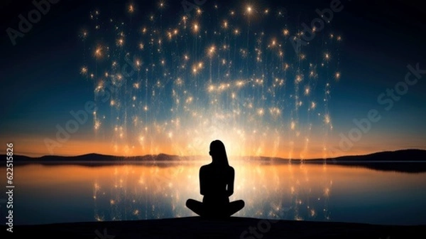 Fototapeta Women meditate, yoga. Psychic women considers mind and heart. Spirituality, esotericism, with bokeh defocused lights. universe, Generative AI illustration