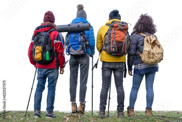Fototapeta Multiracial friends at the mountain - Group of young hikers with backpacks and trekking clothes with their backs to the camera. Transparent background