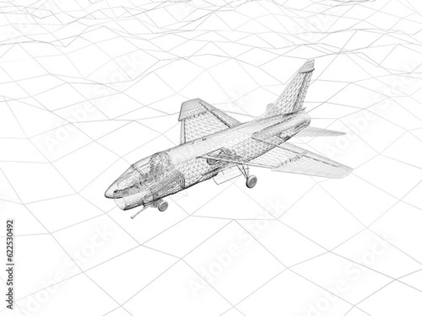 Fototapeta 3d rendering wireframe  of F-16 fighting falcon flies over a sea