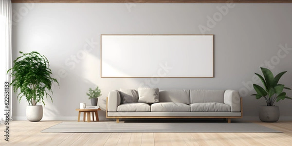 Fototapeta Poster mockup with horizontal empty frame on grey wall in modern living room interior with sofa and plant pots print mock up