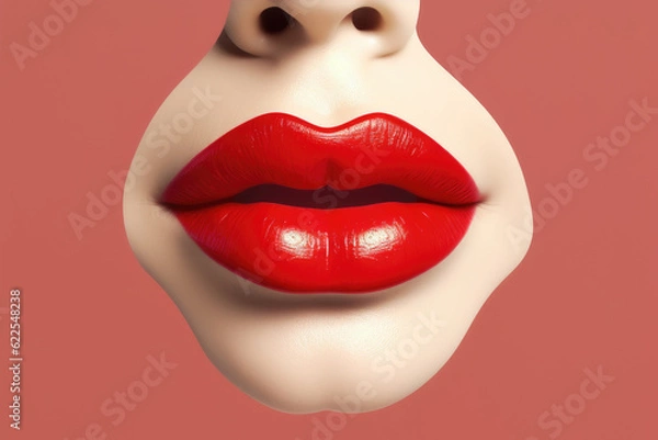 Fototapeta The close up of woman mouth shows the beautiful and sensual beauty of red lips. Makeup and lip gloss are sexy and glamorous in detail. Generative ai Pink background, copy space, isolate
