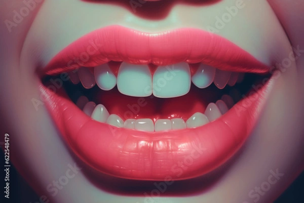Fototapeta Close up view of beautiful young woman lips with pink glossy lipstick. Open mouth with white teeth. Cosmetology or fashion makeup concept. Beauty studio shot. Generative ai