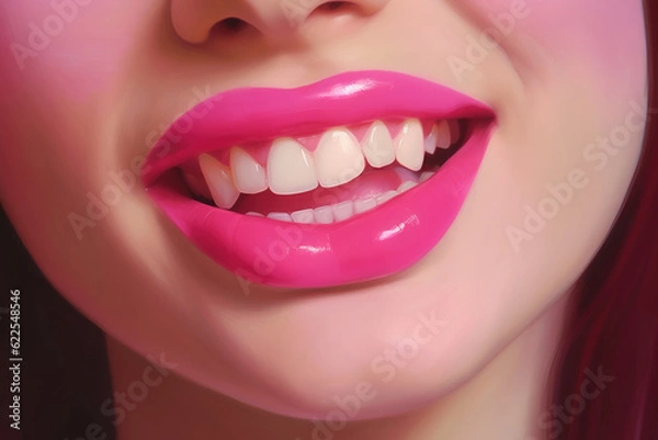 Fototapeta Close up view of beautiful attractive woman lips with pink glossy lipstick. Open mouth with white teeth. Cosmetology or fashion makeup concept. Beauty studio shot. Generative ai