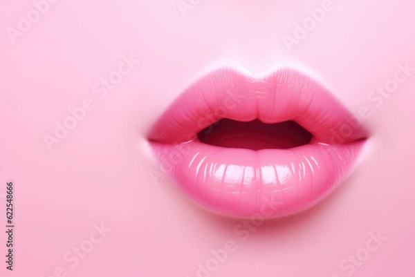 Fototapeta The close up of woman mouth shows the beautiful and sensual beauty of pink lips. Makeup and lip gloss are sexy and glamorous in detail. Generative ai Rose background, copy space