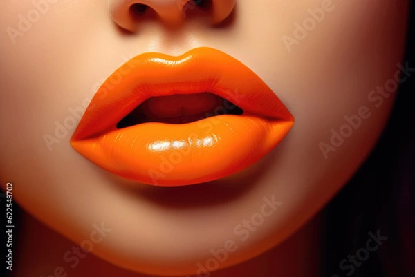 Fototapeta The close up of woman mouth shows the beautiful and sensual beauty of orange lips. Makeup and lip gloss are sexy and glamorous in detail. Generative ai