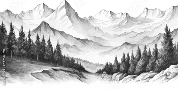 Fototapeta Hand drawn mountain range nature landscape. Greyscale abstract panorama with rocky mountains skyline. Vector illustration.