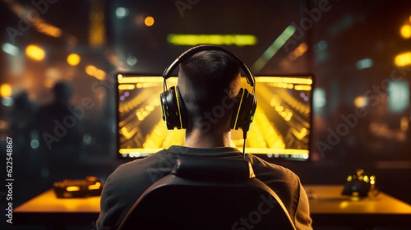 Fototapeta Rare view of pro gamer in headphones live streaming while playing online computer game, neon lights, esports concept