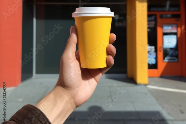 Fototapeta A caucasian man holds a yellow paper cup of coffee in his hand in a close-up photo outside on summer daytime street. Lifestyle of relaxing in the city with breakfast. Generative ai