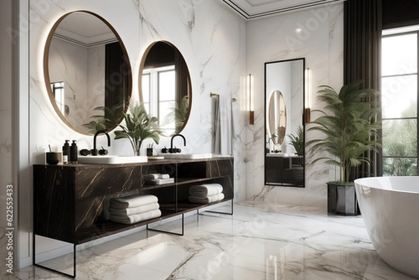 Fototapeta Spacious bathroom in gray tones with heated floors .Generative AI