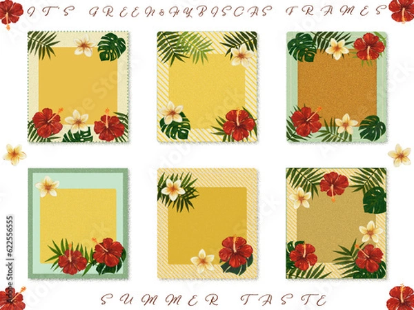 Obraz メッセージカード素材【ハイビ・モンステラ・ヤシ】夏の海のフレーム(・∀・)	
