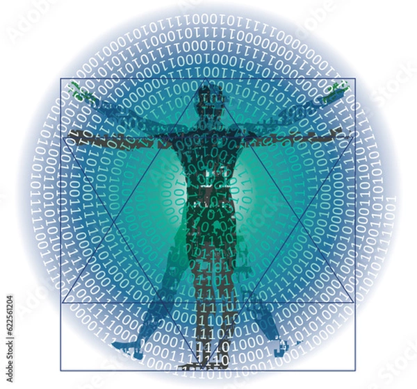 Fototapeta Vitruvian man with binary code, modern variation on the famous symbol.
Stylized drawing of vitruvian man with spiral of binary codes. Vector available.
