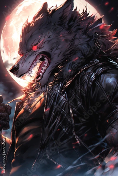 Obraz A werewolf or wolf fursona in leather clothes, sleek urban nightlife. Created with Generative AI.