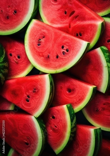 Fototapeta Heap of red fresh colorful watermelon slices, summer healthy food background.  Generative Ai.