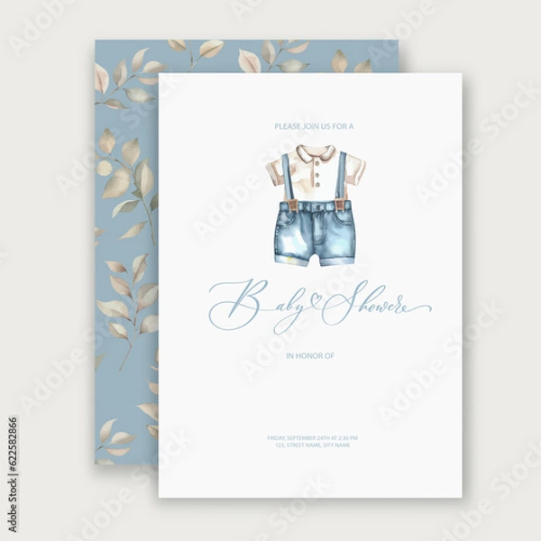 Fototapeta Cute baby shower watercolor invitation card for baby and kids new born celebration with baby clothes.
