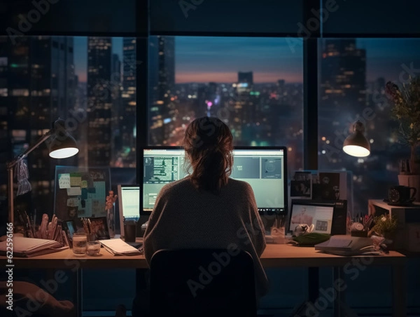 Fototapeta A woman who stays alone in the office and works overtime. Generative AI