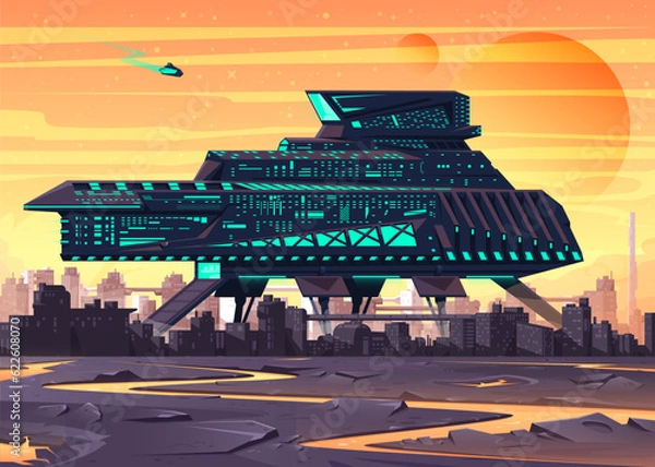 Obraz Hand-drawn vector illustration of a spaceship on a distant planet inhabited by people on the background of planets.