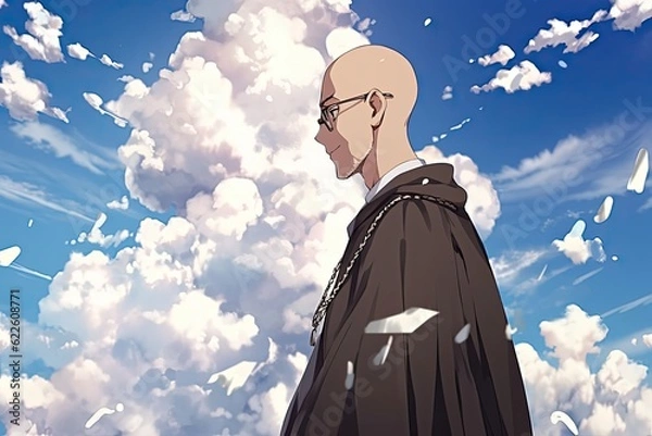 Fototapeta saint Maximilian Kolbe, anime version with clouds in background, illustration, generative ai