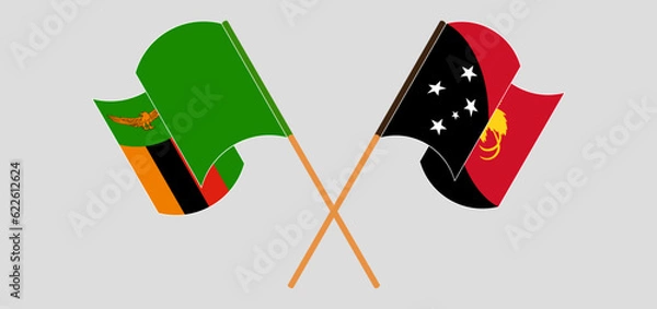 Fototapeta Crossed and waving flags of Zambia and Papua New Guinea