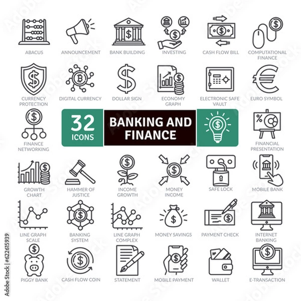 Fototapeta  Banking and Finance Icons Pack.Thin line icons set. Simple vector icons