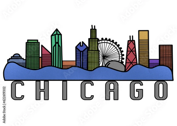 Fototapeta Chicago Skyline Colorful Horizontal Illustration, Line Art Silhouette of Chicago Illinois, USA Cityscape Drawing Banner