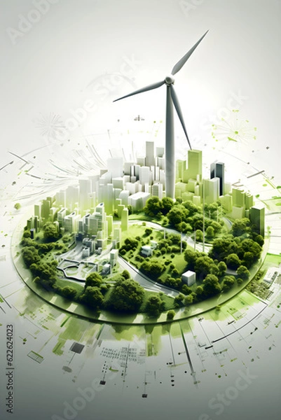 Fototapeta Visual and infographic of a green city in a circle field, windmill, sustainability concept.