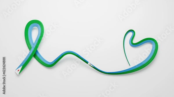 Fototapeta 3d Flag Of Djibouti Heart Shaped Shiny Wavy Awareness Ribbon flag White Background 3d Illustration