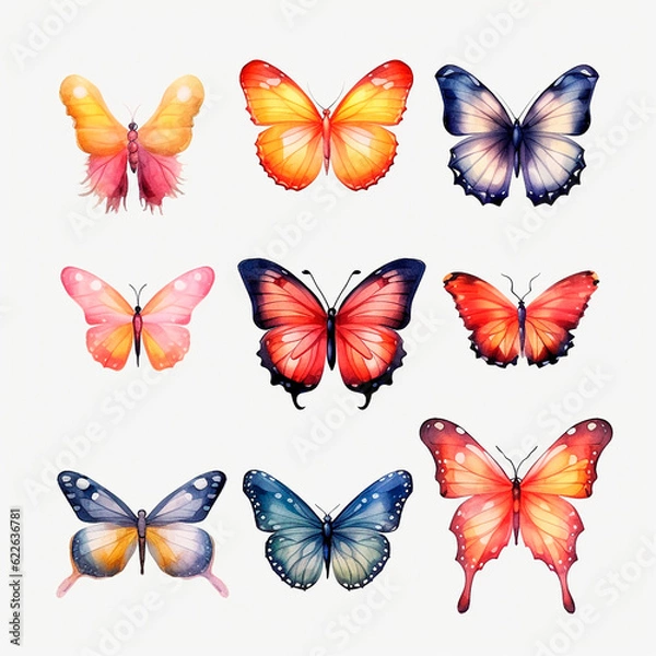 Obraz butterfly set watercolor on a white background created with Generative Ai