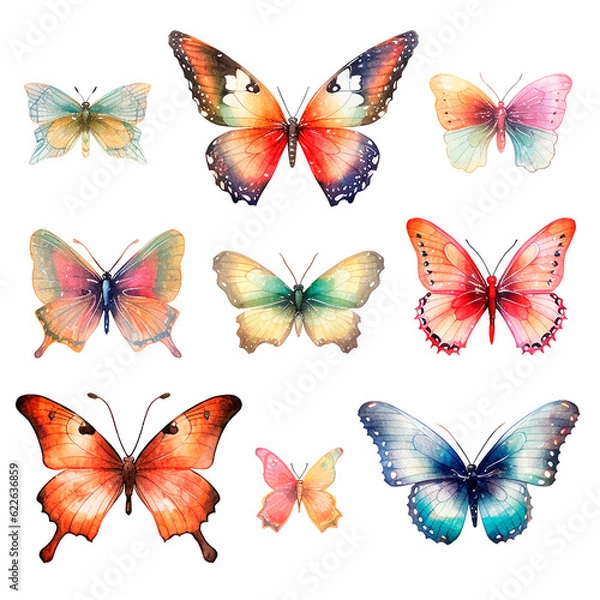 Fototapeta butterfly set watercolor on a white background created with Generative Ai