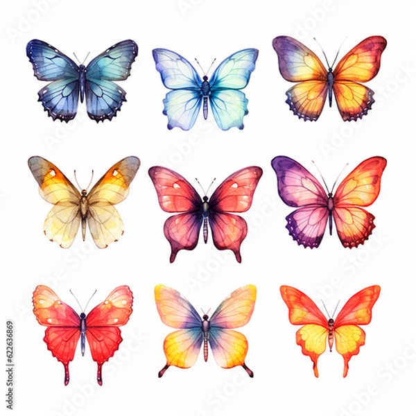 Fototapeta butterfly set watercolor on a white background created with Generative Ai