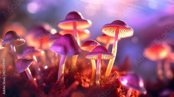 Fototapeta Bright light glowing mushrooms. Generative AI 