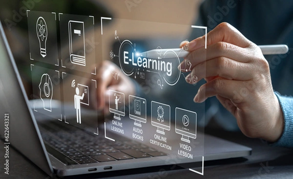 Fototapeta Human use laptop technology internet learning and study online class technology network, e-learning, online education, education, training, tutor, video lesson, course, knowledge in homeschool