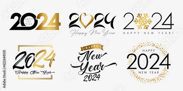 Fototapeta Big Set of 2024 Happy New Year, golden & black lettering logo with heart and snowflake. Template design 20 24 number for new year party flyer or Christmas holiday card. Vector Illustration