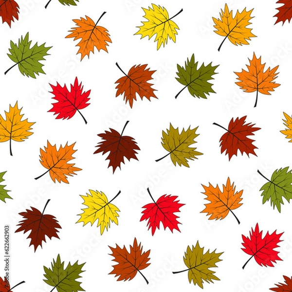 Fototapeta Autumn leaves seamless pattern. Vector illustration. Multicolored leaves on white background.