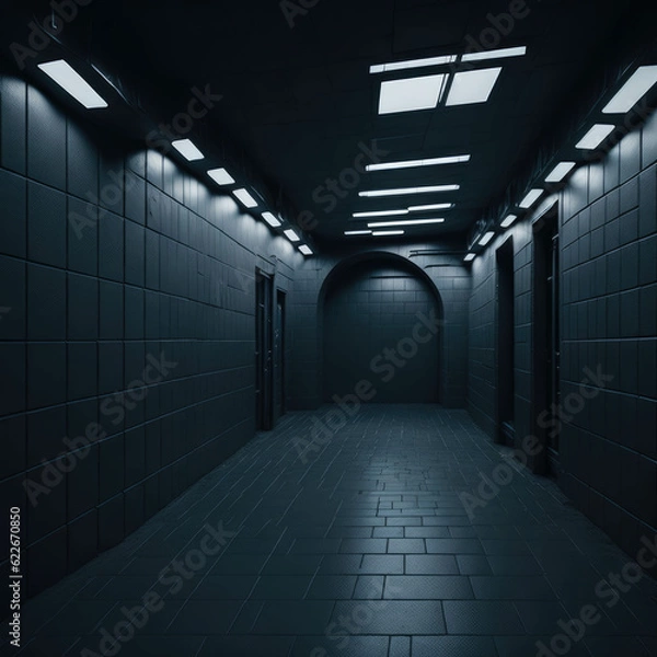 Fototapeta Underground Tunnel, Futuristic Empty Interior, Tiles on Wall, Dark, Glowing Tube Led Lights, Industrial, Generative AI