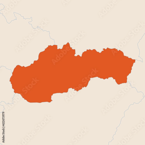 Fototapeta Map of the country of Slovakia highlighted in orange isolated on a beige blue background