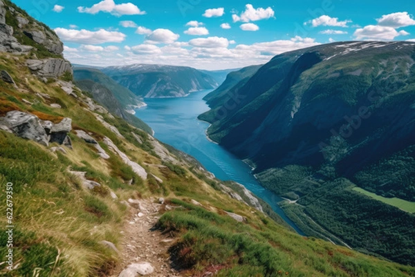 Fototapeta Landscape with mountains, forest and a river in front. beautiful scenery. Generative AI