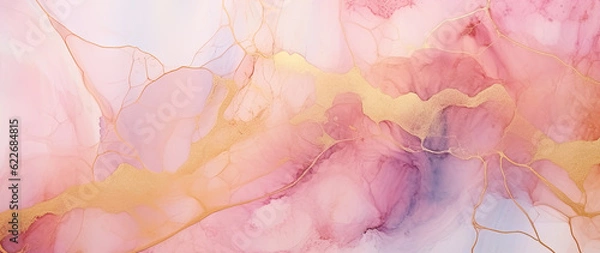 Fototapeta Marble ink abstract art banner background. Luxury abstract fluid art painting in alcohol ink technique, mixture of blue, pink and gold paints. AI generative