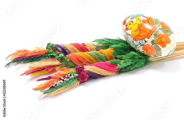 Fototapeta Easter painted egg and palm on white background