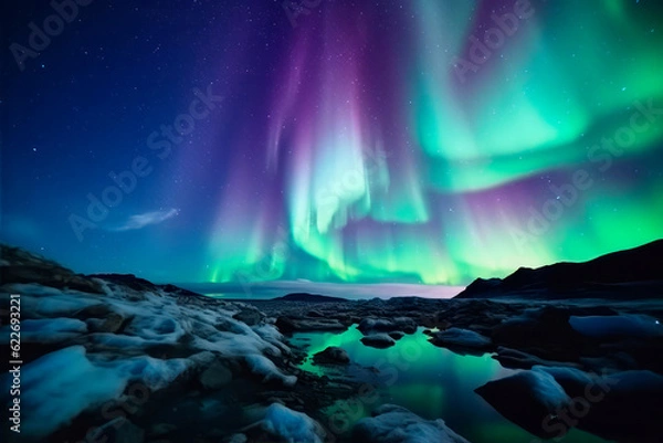 Fototapeta northern lights with snow and ice in the foreground