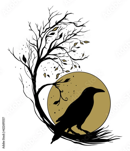 Fototapeta Rabe Kr√§he Mond und Baum Silhouette f√ºr Herbst Vektor.