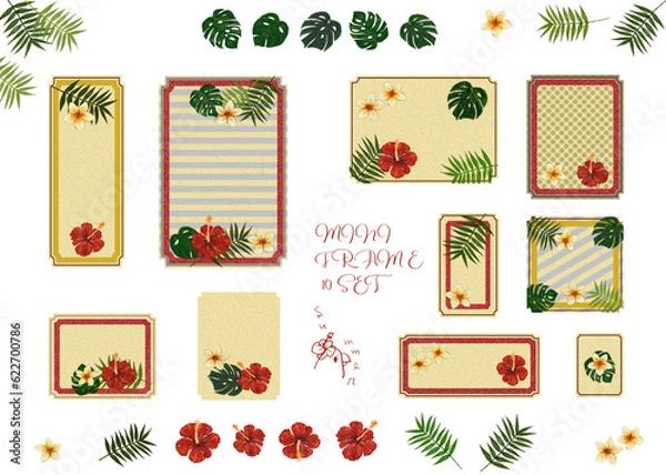 Obraz フレーム素材【貝・ヤシ・モンステラ・ハイビスカス】夏のメッセージ