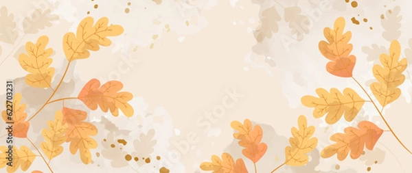 Fototapeta Luxurious autumn oak leaves, on a watercolor vector background. Abstract wallpaper design with oak leaf branch, leaves, gold. Elegant fall season botanical illustration suitable for fabric, prints
