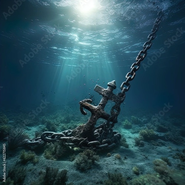 Obraz A rusted anchor and chain dragging along the ocean floor. Great for stories on pirates, maritime adventure, salvage, shipwrecks, ocean exploration and more. 