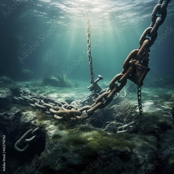 Obraz A rusted anchor and chain dragging along the ocean floor. Great for stories on pirates, maritime adventure, salvage, shipwrecks, ocean exploration and more. 